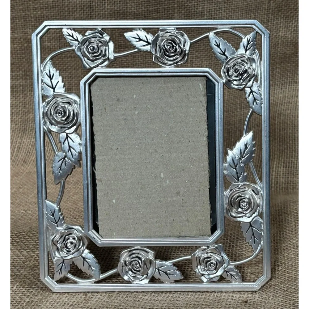 Rose Floral Silver Tone Metal Picture Frame Flowers Victorian Romance Cottage